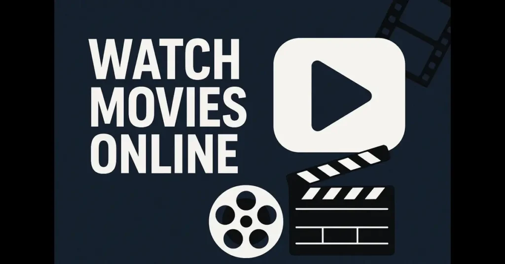 Goojara streaming banner with bold ‘WATCH MOVIES ONLINE’ text, play button, film reel, and clapperboard icons on a dark blue background.
